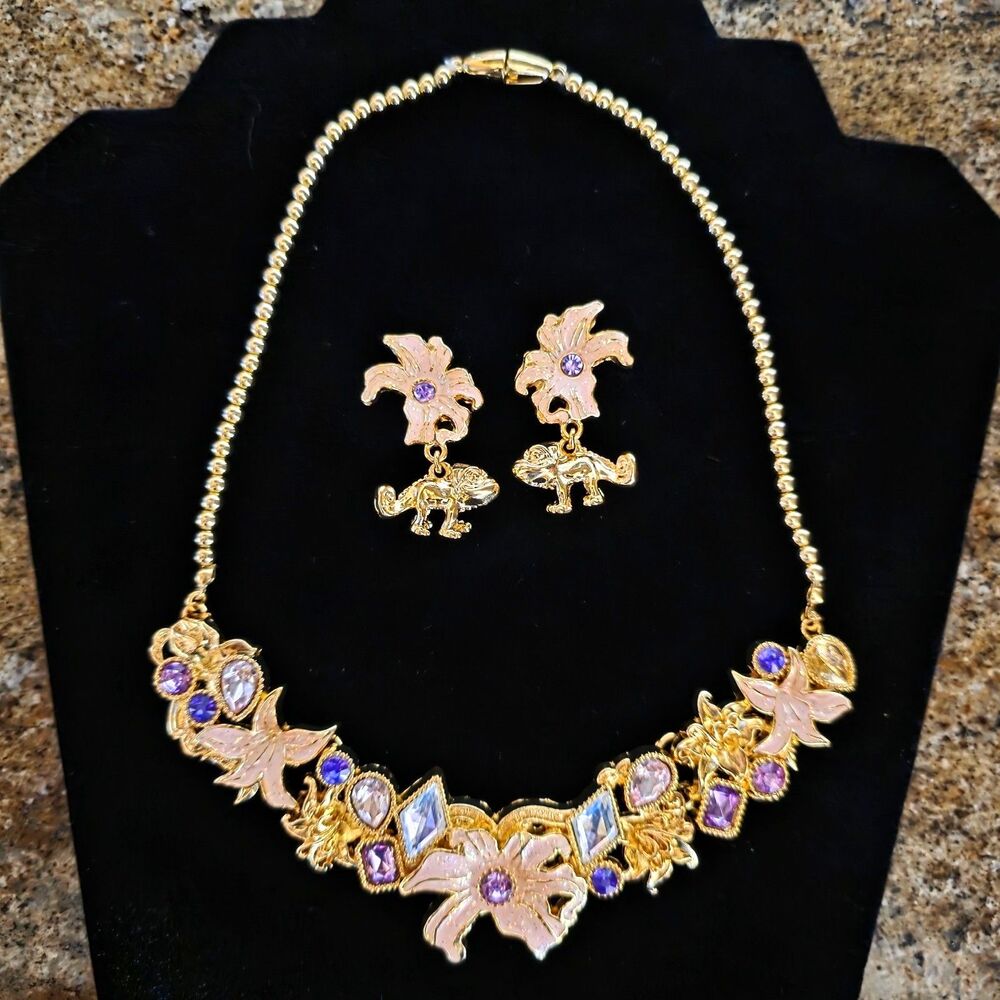 Disney Princess Rapunzel Pascal Tangled Necklace Clip Earrings Set Kids Jewelry